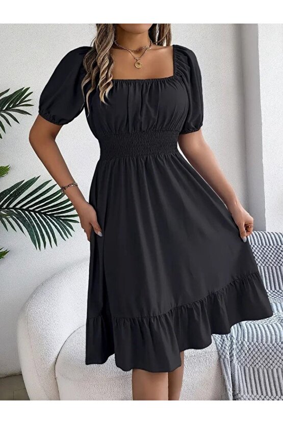 Gökyüzü Moda Kadın Kısa Kollu Kare Yakalı Beli Lastikli Kısa Trikoton Elbise