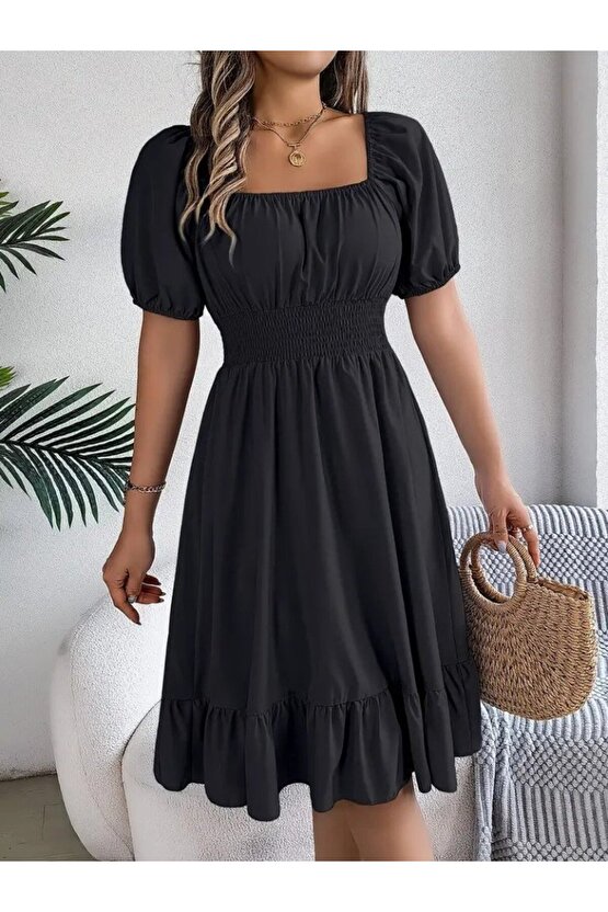 Gökyüzü Moda Kadın Kısa Kollu Kare Yakalı Beli Lastikli Kısa Trikoton Elbise