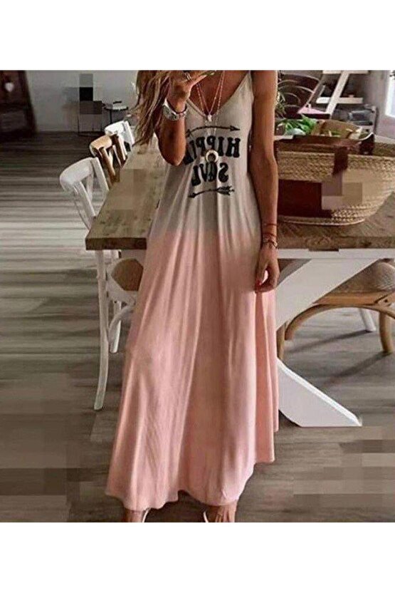 Kadın Süprem Kumaş Dijital Baskılı Askılı Maxi Boy Askılı Elbise