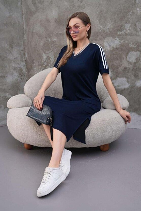 Kadın Kristal Kumaş şerit Ve Yırtmaç Detaylı V Yaka Midi Boy Elbise