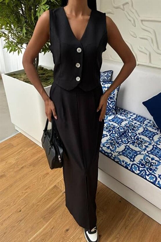 Etek Yırtmaçlı Yelekli Keten Takım 10131