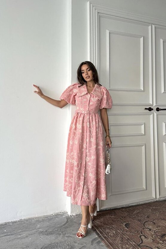 Gökyüzü Moda Pembe Bebe Yaka Balon Kollu Elbise