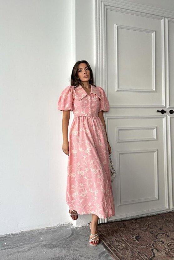 Gökyüzü Moda Pembe Bebe Yaka Balon Kollu Elbise