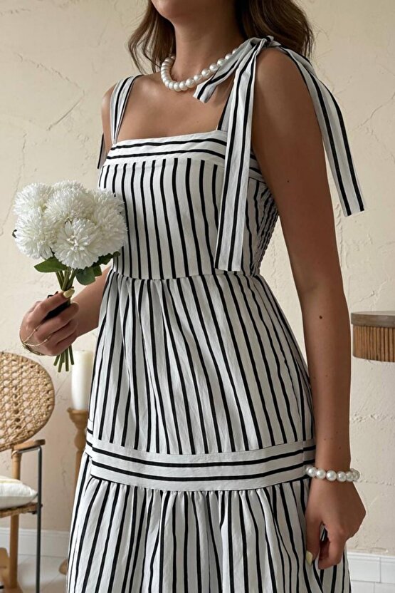 Gökyüzü Moda Siyah Omuzdan Bağlamalı Çizgili Elbise