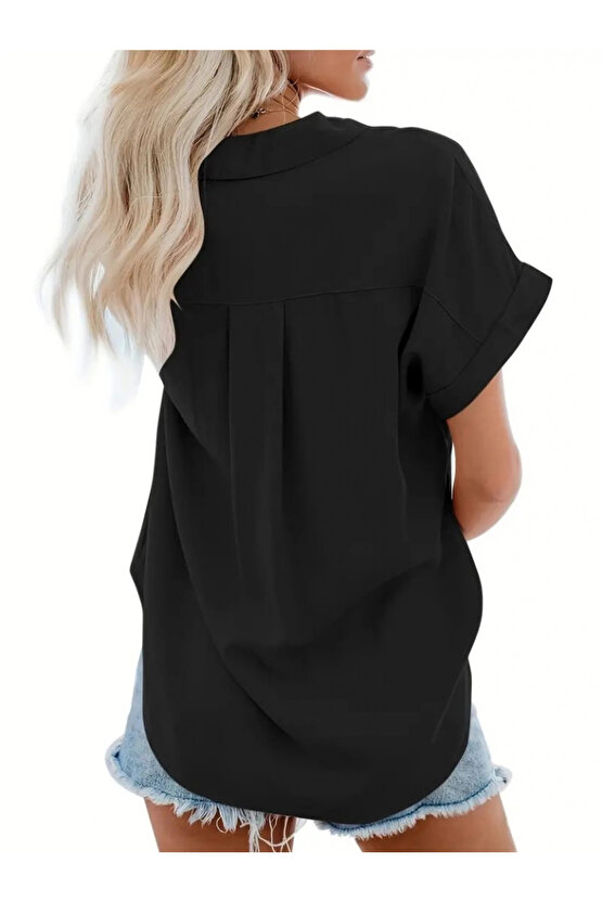 Kadın Kısa Kollu V Yakalı önden Düğmeli Dokuma Gömlek