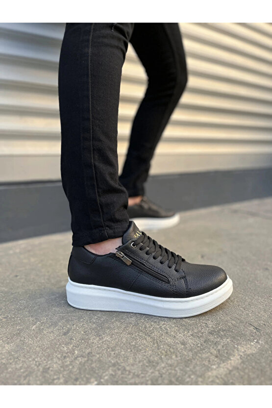 JY155 Warrior Bağcıklı ve Fermuarlı Cilt Erkek Günlük Sneaker Ayakkabı CBT - Siyah