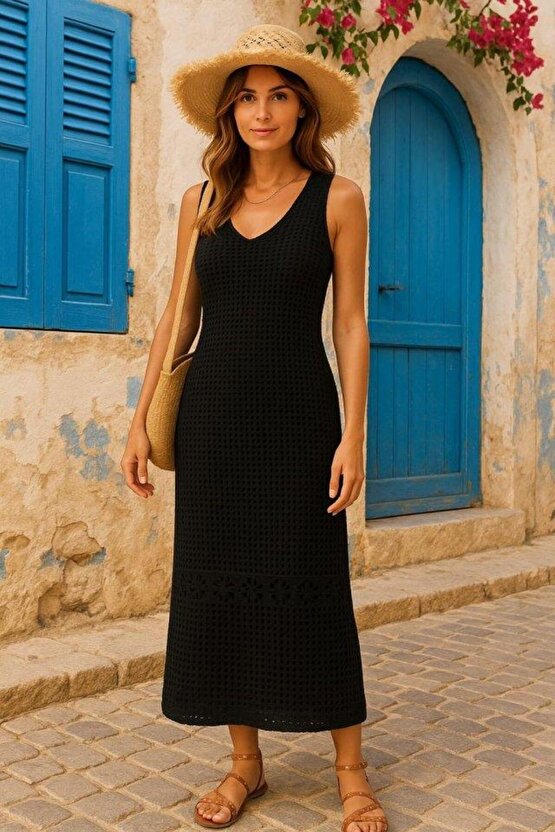 Kadın V Yaka Tam Askılı Tam Boy Ajurlu Triko Elbise