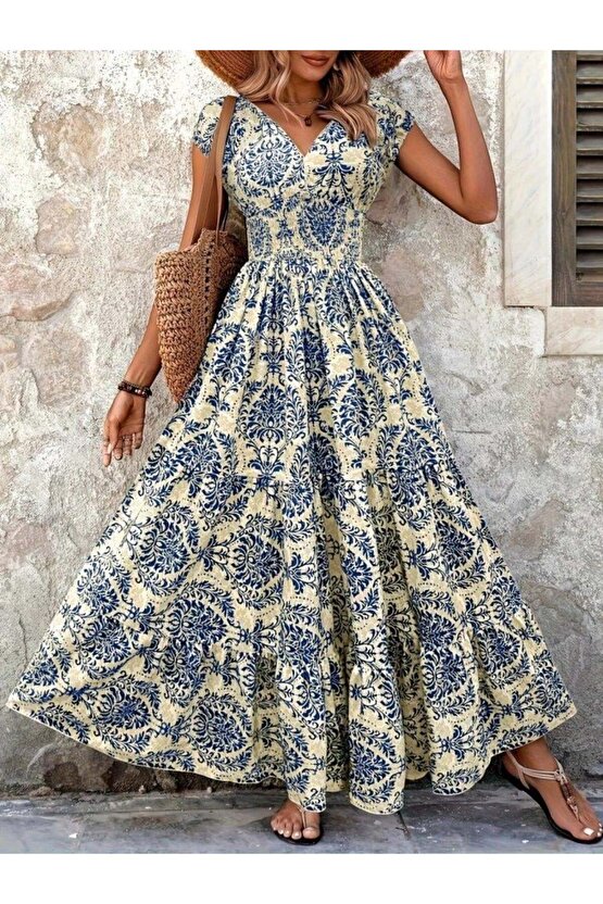 Kadın Kısa Kollu Kruvaze Yaka Beli Lastikli Süprem Maksi Boy Elbise