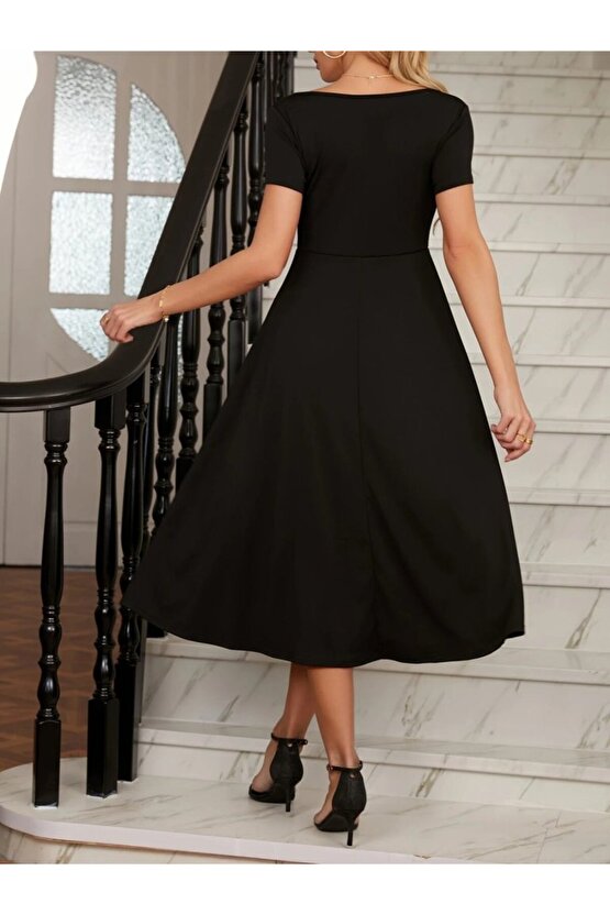 eyesof Kadın Kısa Kollu V Yakalı önden Pileli Midi Janjan Krep Elbise