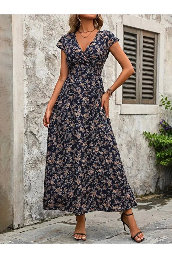 Kadın Kısa Kollu Kruvaze Yakalı çiçek Desenli Belden Lastikli Süprem Uzun Elbise
