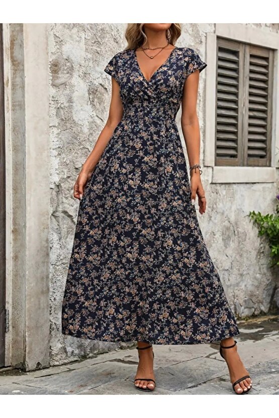 Kadın Kısa Kollu Kruvaze Yakalı çiçek Desenli Belden Lastikli Süprem Uzun Elbise