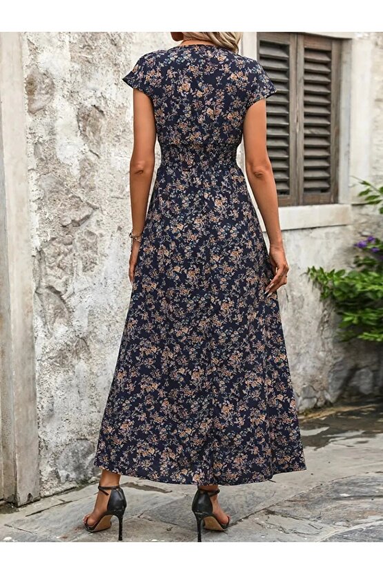Kadın Kısa Kollu Kruvaze Yakalı çiçek Desenli Belden Lastikli Süprem Uzun Elbise