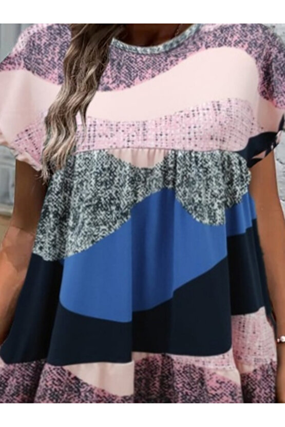 Gökyüzü Moda Kadın Kısa Kollu Bisiklet Yaka Kare Desenli Dalgıç Elbise