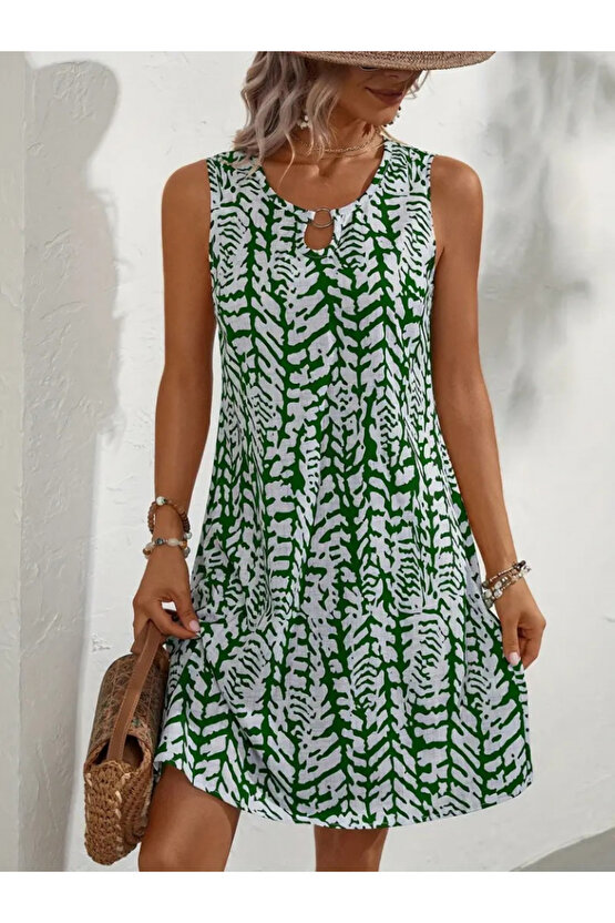 Gökyüzü Moda Kadın Sıfır Kol Yakadan Halka Detaylı Desenli Kısa Bürümcük Elbise