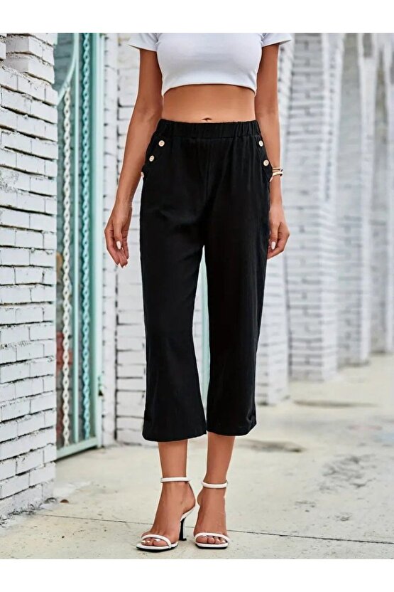 Gökyüzü Moda Kadın Beli Lastikli Düğme Ve Cep Detaylı Kapri Ithal Keten Pantolon