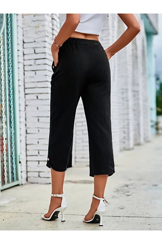 Gökyüzü Moda Kadın Beli Lastikli Düğme Ve Cep Detaylı Kapri Ithal Keten Pantolon