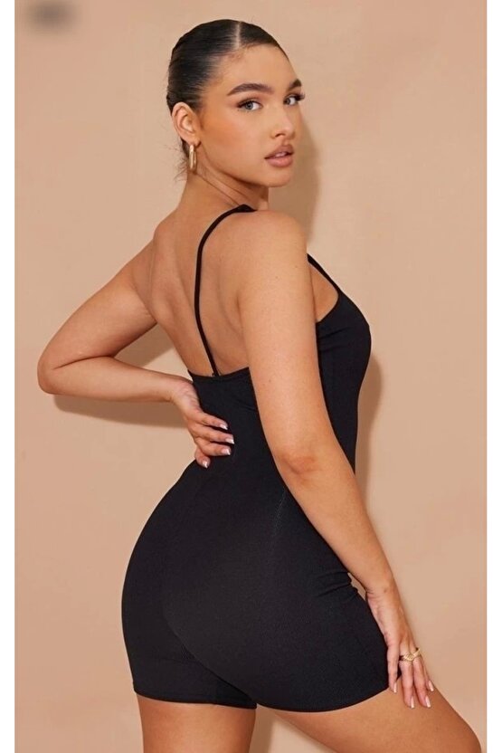 Kadın Asimetrik Askılı Mini Kaşkorse Bodycon Tulum