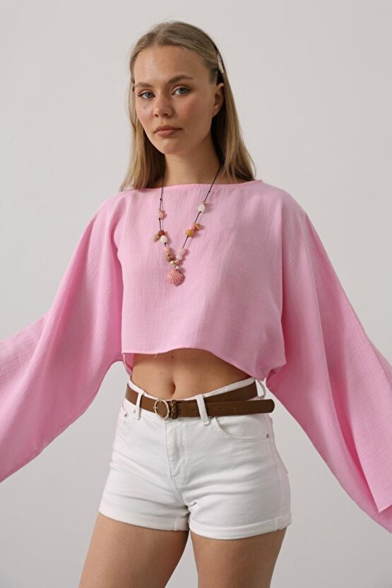 Gökyüzü Moda YARASA KOLLU CROP BLUZ - Pembe