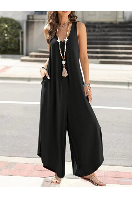 Gökyüzü Moda Kadın Askılı Yuvarlak Yaka Cepli Salaş Uzun Viskon Tulum