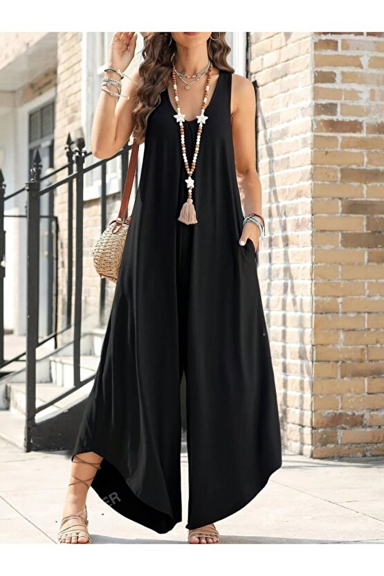 Gökyüzü Moda Kadın Askılı Yuvarlak Yaka Cepli Salaş Uzun Viskon Tulum