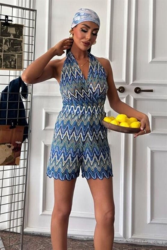 Gökyüzü Moda Zikzak Desenli Multi Renk Geçişli Mini Tulum 1365