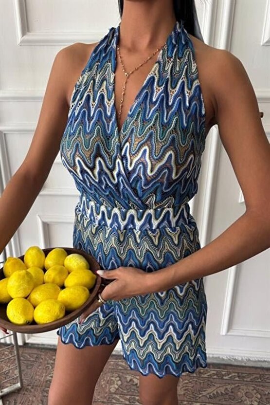 Gökyüzü Moda Zikzak Desenli Multi Renk Geçişli Mini Tulum 1365