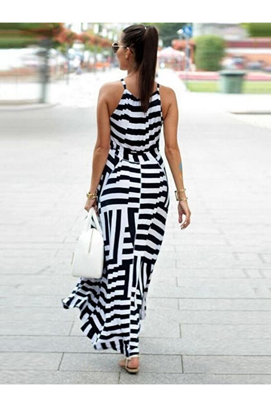 Gökyüzü Moda Kadın Askılı Belden Bağlamalı Geometrik Desen Krep Elbise