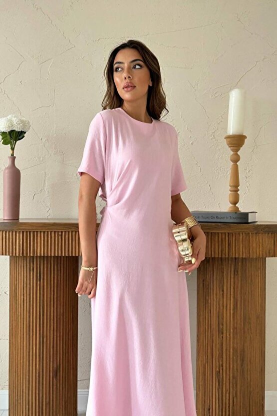 Gökyüzü Moda Pudra Pileli Bisiklet Yaka Elbise