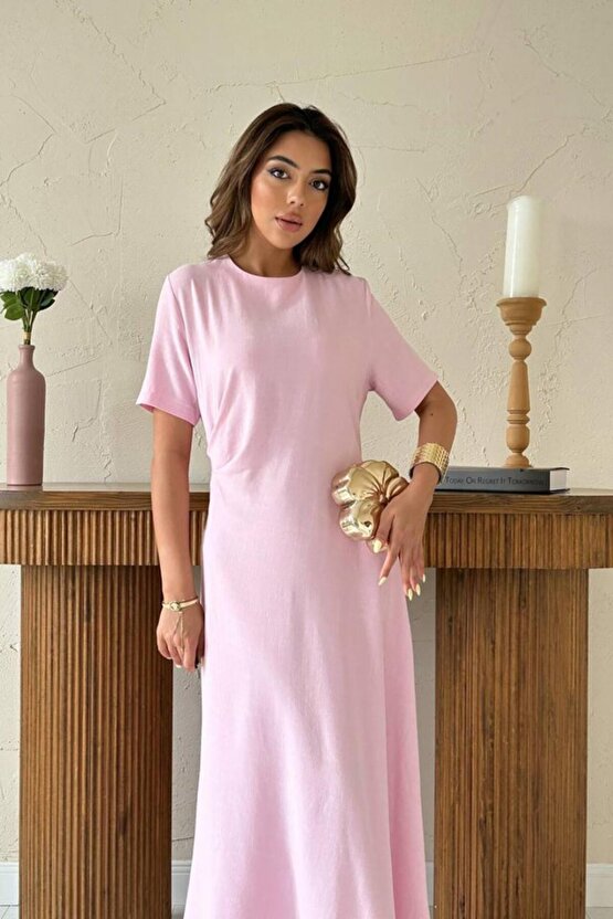 Gökyüzü Moda Pudra Pileli Bisiklet Yaka Elbise
