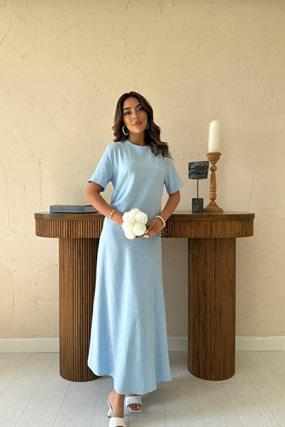 Gökyüzü Moda Bebe Mavi Pileli Bisiklet Yaka Elbise