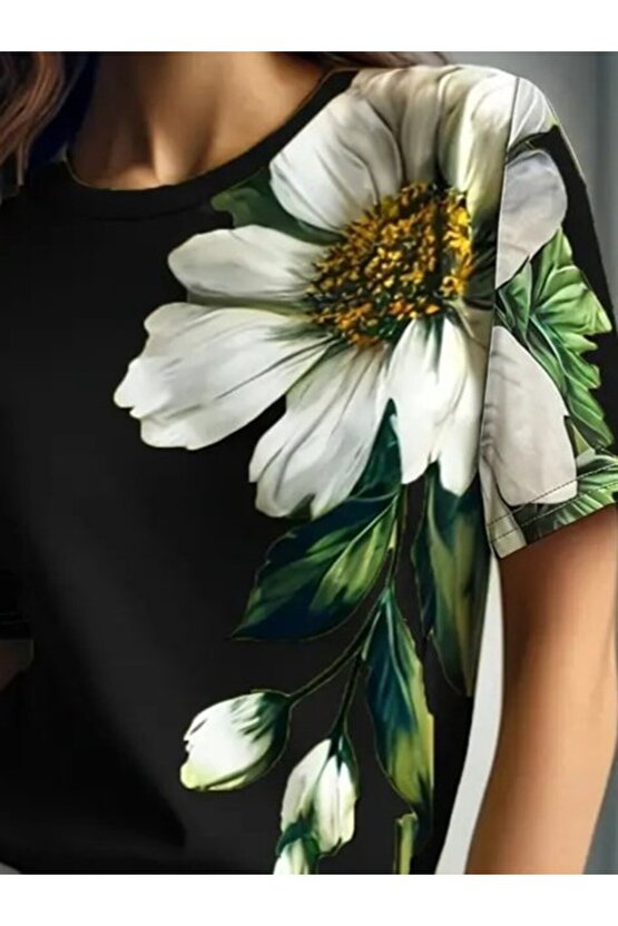 Gökyüzü Moda Kadın Kısa Kollu Bisiklet Yaka çiçek Baskılı Süprem Bluz