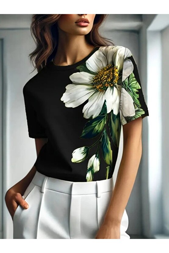 Gökyüzü Moda Kadın Kısa Kollu Bisiklet Yaka çiçek Baskılı Süprem Bluz
