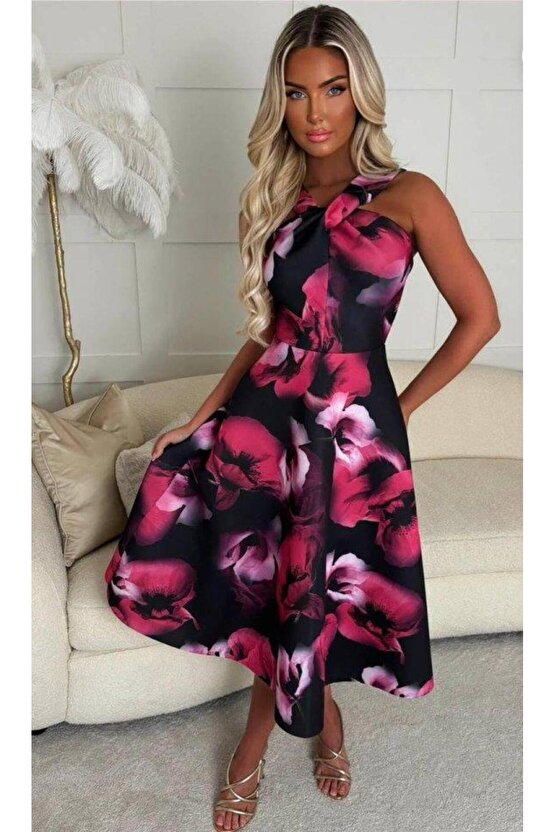 Kadın Halter Yaka Detay Ciçek Baskılı Midi Boy Elbise