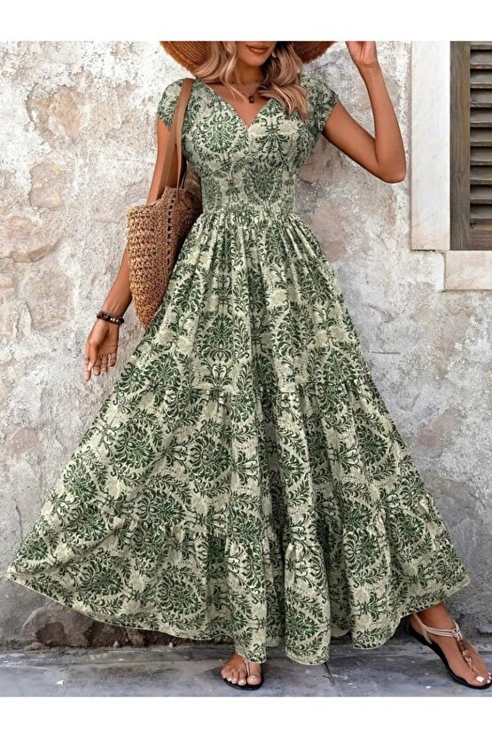 Gökyüzü Moda Kadın Kısa Kollu Kruvaze Yaka Beli Lastikli Süprem