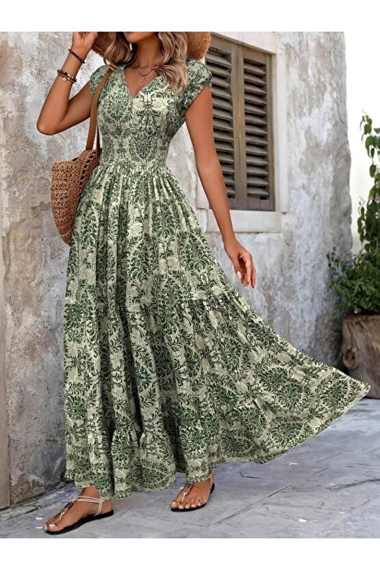 Gökyüzü Moda Kadın Kısa Kollu Kruvaze Yaka Beli Lastikli Süprem