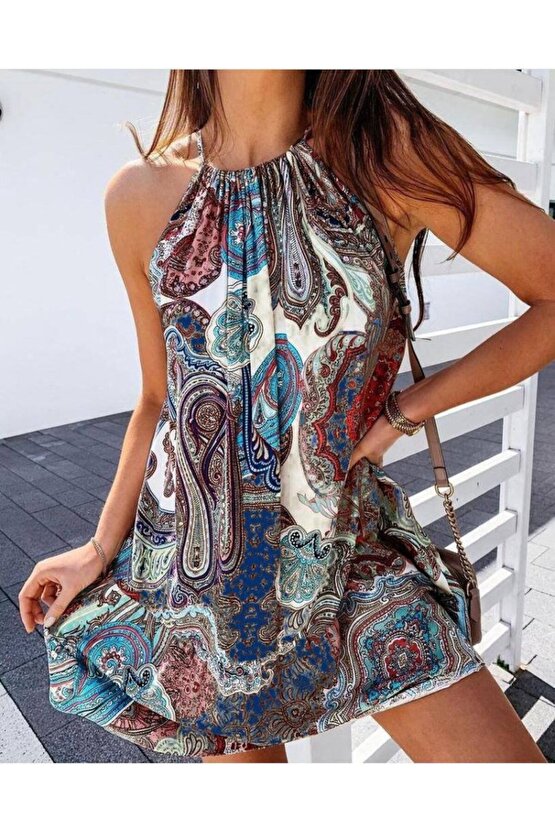 Gökyüzü Moda Kadın şal Desen Mikro Kumaş Elbise