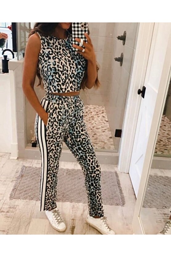 Gökyüzü Moda Kadın Dalgıç Kumaş Dijital Leopar Baskılı şerit Detaylı Takım