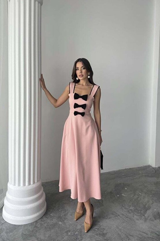 Pudra Fiyonk Garnili Dantelli Elbise