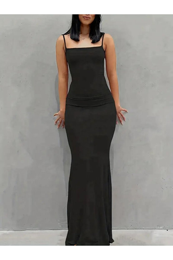 Gökyüzü Moda Kadın Kolsuz Askılı Bodycon Uzun Viskon Elbise