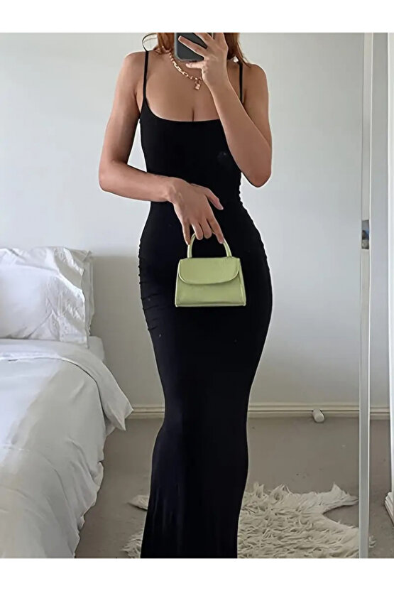 Gökyüzü Moda Kadın Kolsuz Askılı Bodycon Uzun Viskon Elbise