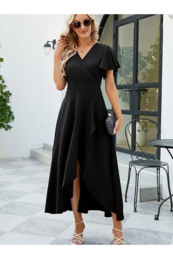 Gökyüzü Kadın Kısa Kollu Kruvaze Yakalı önden Volanlı çapraz Kesim Detaylı Maksi Boy Ithal Krep