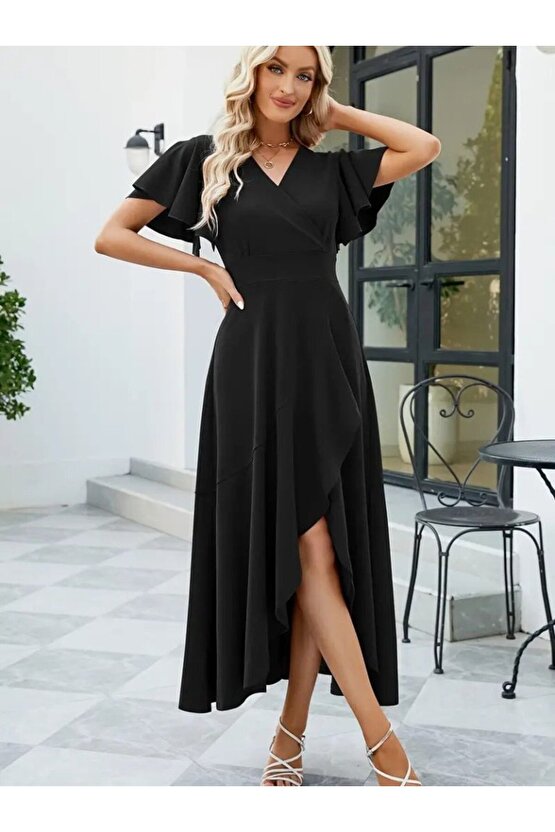 Gökyüzü Kadın Kısa Kollu Kruvaze Yakalı önden Volanlı çapraz Kesim Detaylı Maksi Boy Ithal Krep