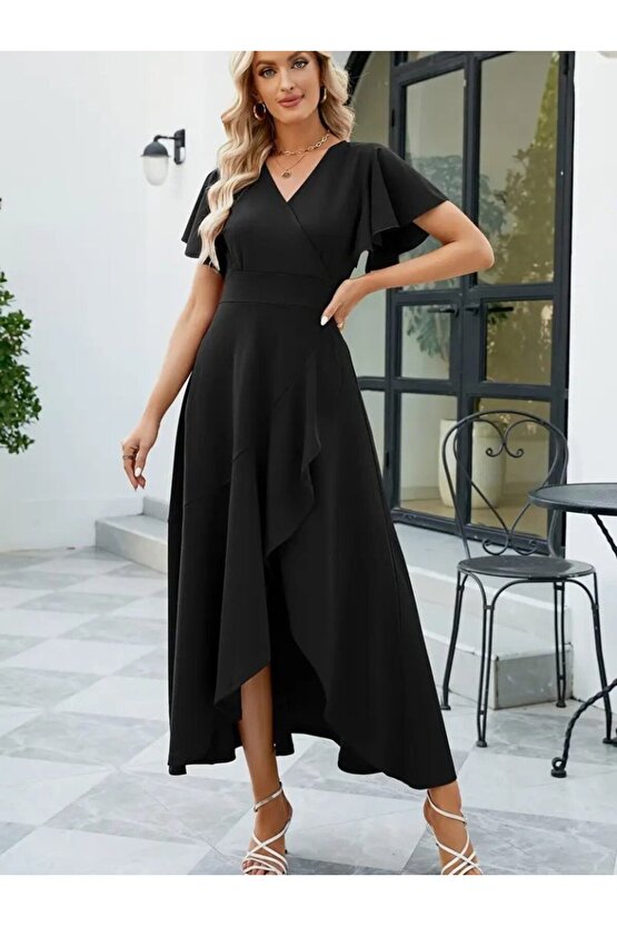 Gökyüzü Kadın Kısa Kollu Kruvaze Yakalı önden Volanlı çapraz Kesim Detaylı Maksi Boy Ithal Krep