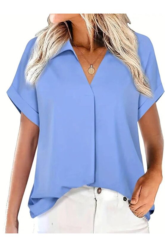 Gökyüzü Moda Kadın Kısa Kollu Yakalı Uzun Sandy Bluz