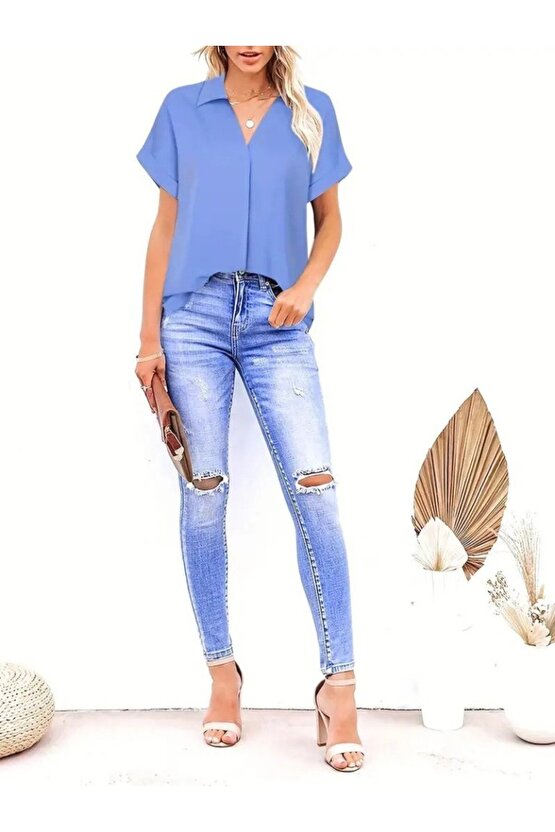 Gökyüzü Moda Kadın Kısa Kollu Yakalı Uzun Sandy Bluz