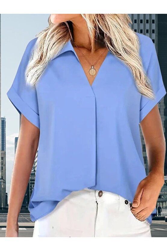 Gökyüzü Moda Kadın Kısa Kollu Yakalı Uzun Sandy Bluz