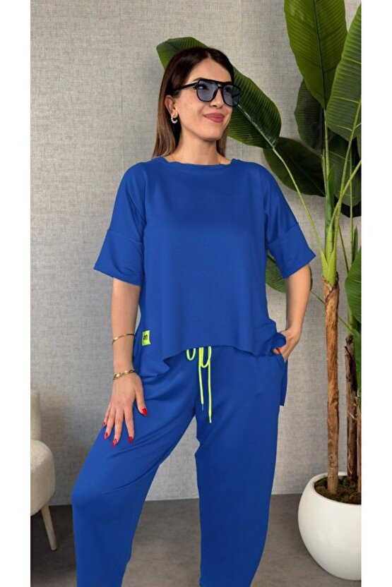 Gökyüzü Moda Kadın Kısa Kollu Bisiklet Yaka Viskon Iki Iplik Bluz Ve Pantolon Ikili Takım