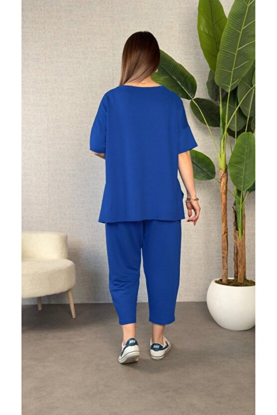 Gökyüzü Moda Kadın Kısa Kollu Bisiklet Yaka Viskon Iki Iplik Bluz Ve Pantolon Ikili Takım