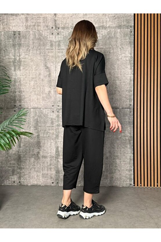 Gökyüzü Moda Kadın Kısa Kollu Bisiklet Yaka Viskon Iki Iplik Bluz Ve Pantolon Ikili Takım