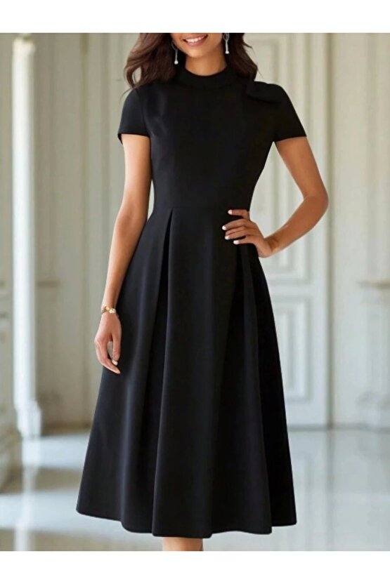 Kadın Kısa Kollu Yarı Balıkçı Yaka Pileli Janjan Krep Midi Elbise